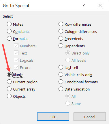 Chọn tùy chọn Blanks để chọn tất cả các ô trống