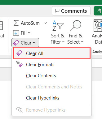 Chọn tùy chọn Clear All để xóa toàn bộ dữ liệu và định dạng