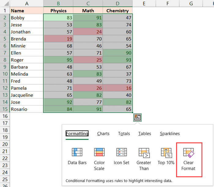 Chọn tùy chọn Clear Format trong menu Quick Analysis