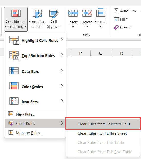 Chọn tùy chọn Clear Rules from selected cells để xóa định dạng vùng chọn