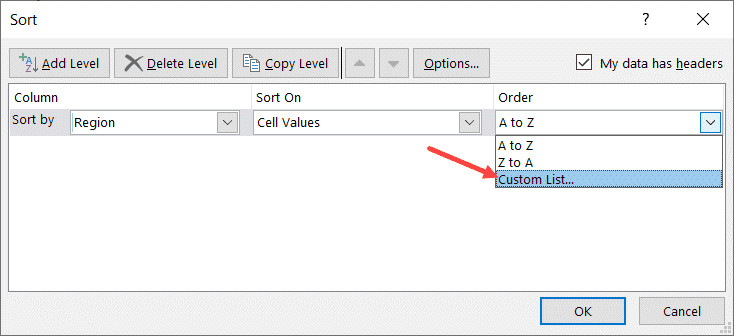 Chọn tùy chọn Custom List trong menu Order