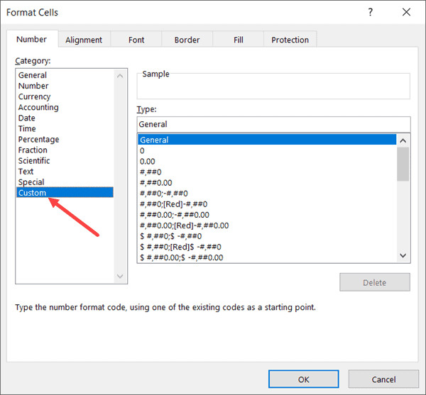 Chọn tùy chọn Custom trong hộp thoại Format Cells