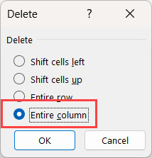 Chọn tùy chọn Delete Entire Column để xóa cột