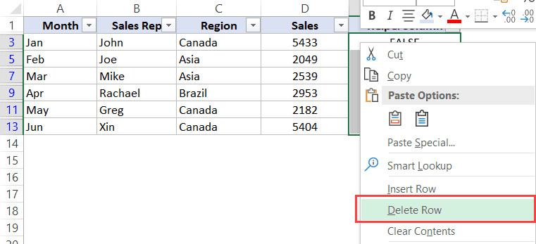 Chọn tùy chọn Delete Row trong menu chuột phải