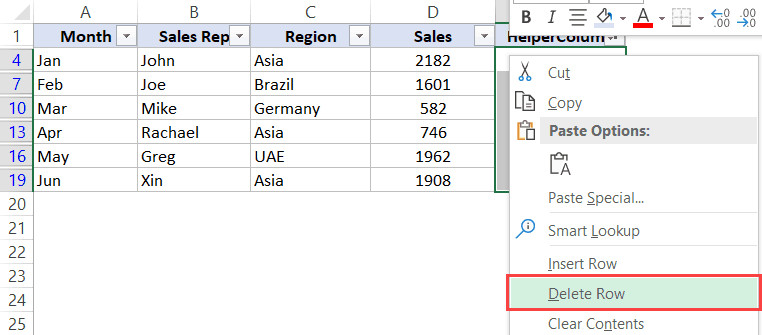 Chọn tùy chọn Delete Row