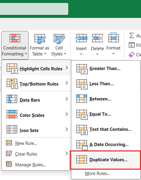 Chọn tùy chọn Duplicate Values trong menu