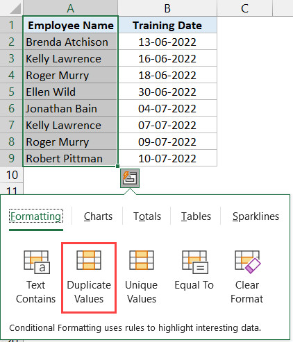 Chọn tùy chọn Duplicate Values