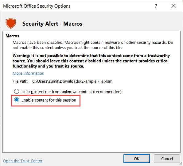 Chọn tùy chọn Enable Content for this session