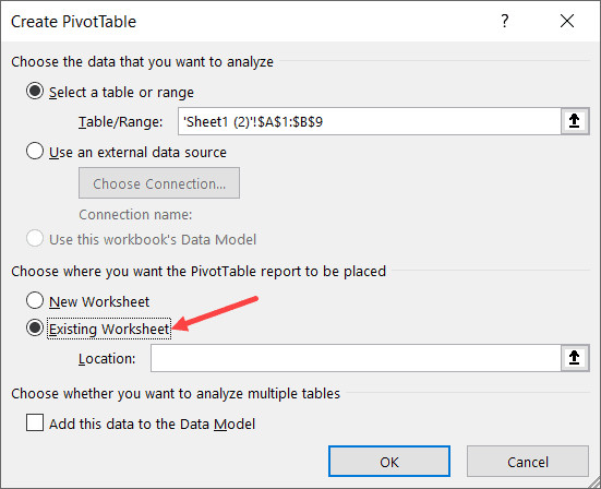 Chọn tùy chọn Existing Worksheet để đặt bảng ngay tại trang hiện hành