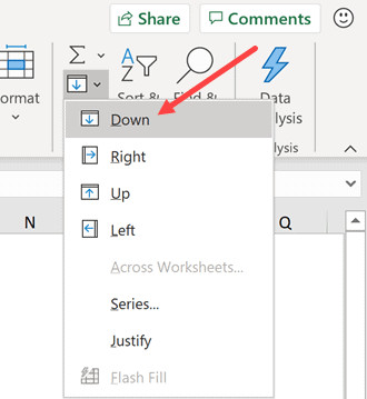 Chọn tùy chọn Fill Down từ menu