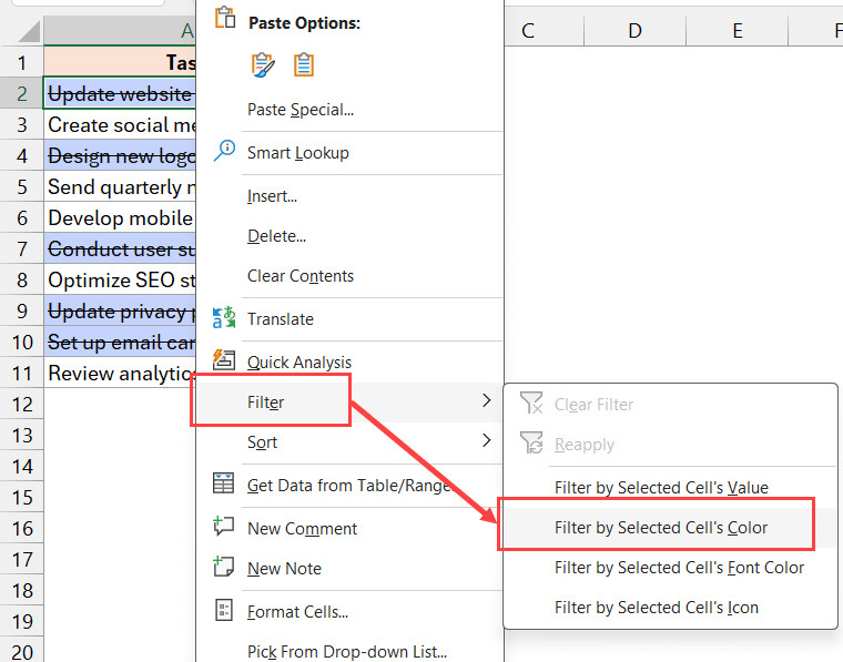 Chọn tùy chọn Filter by Color để lọc ra các ô đã được tô màu