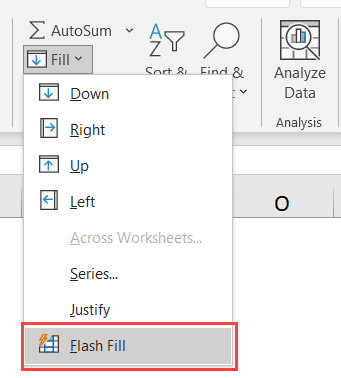 Chọn tùy chọn Flash Fill trong menu Fill trên thanh ribbon