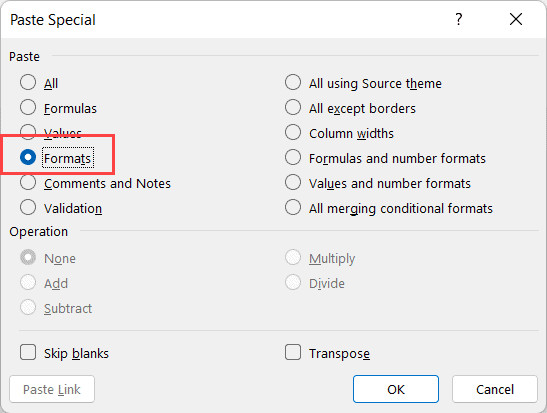 Chọn tùy chọn Formats trong hộp thoại Paste Special
