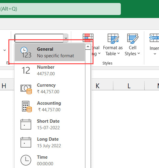 Chọn tùy chọn General trong danh sách định dạng thả xuống