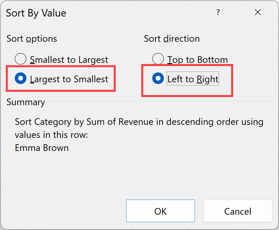 Chọn tùy chọn Left to Right trong hộp thoại Sort by Value