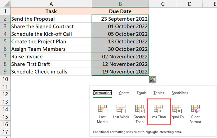 Chọn tùy chọn Less than trong menu Quick Analysis