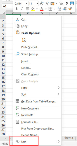 Chọn tùy chọn Link trong menu chuột phải