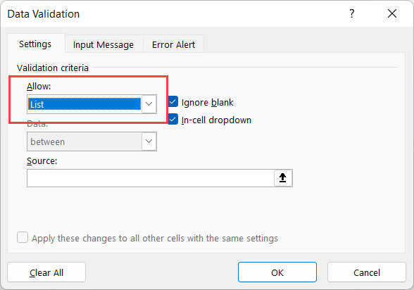 Chọn tùy chọn List trong menu Allow của hộp thoại Data Validation