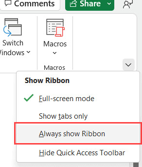 Chọn tùy chọn luôn hiển thị ribbon