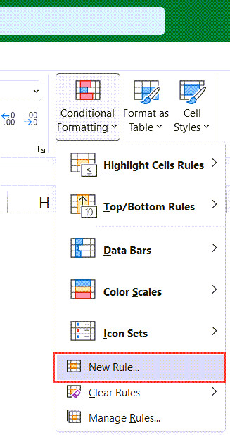 Chọn tùy chọn New Rule để tạo quy tắc định dạng mới