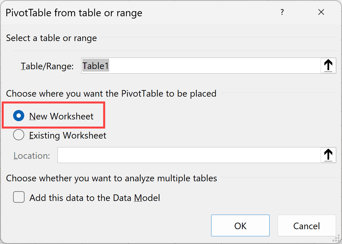Chọn tùy chọn New Worksheet trong hộp thoại tạo PivotTable