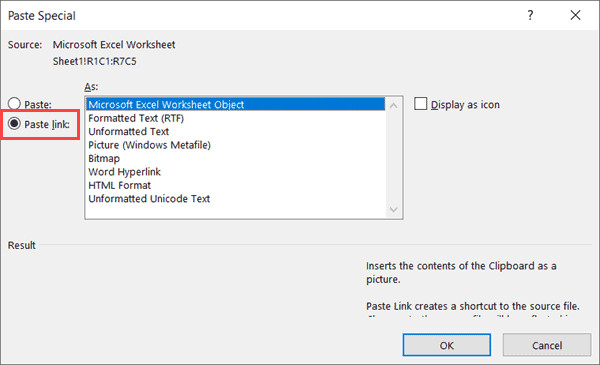 Chọn tùy chọn Paste link trong hộp thoại Paste Special
