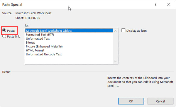 Chọn tùy chọn Paste trong hộp thoại Paste Special để nhúng đối tượng