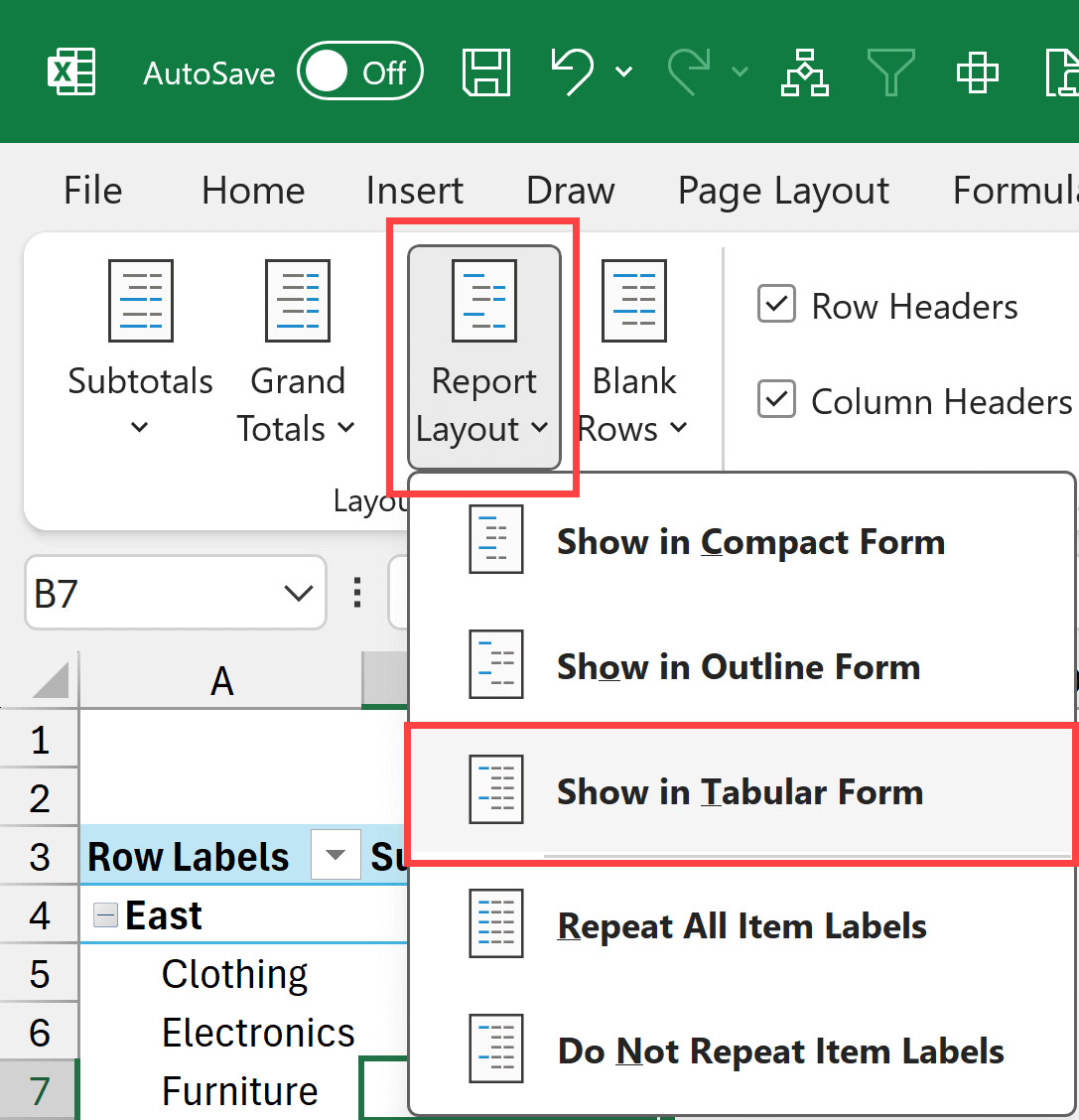 Chọn tùy chọn Show in Tabular Form trong menu Report Layout