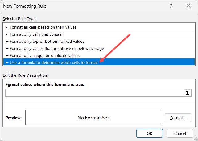Chọn tùy chọn sử dụng công thức để xác định ô cần định dạng