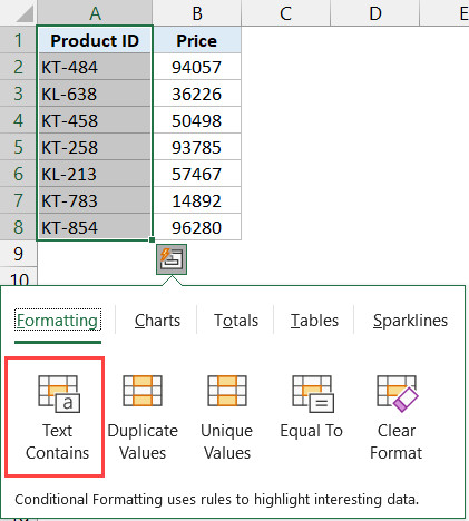 Chọn tùy chọn Text Contains
