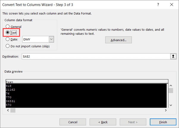 Chọn tùy chọn Text trong hộp thoại Text to Columns