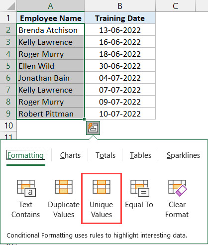 Chọn tùy chọn Unique Values