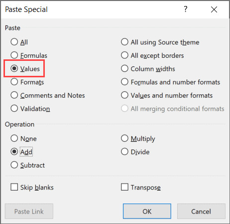 Chọn tùy chọn Values trong hộp thoại