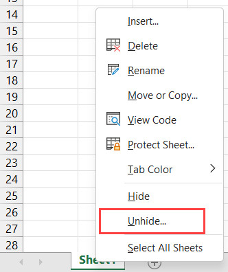 Chọn Unhide trong menu chuột phải tại thanh Sheet