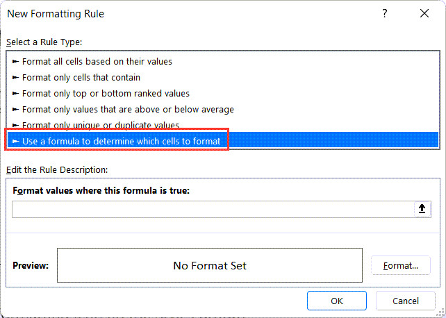 Chọn Use a Formula to determine which cells to format