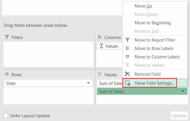 Chọn Value Field Settings