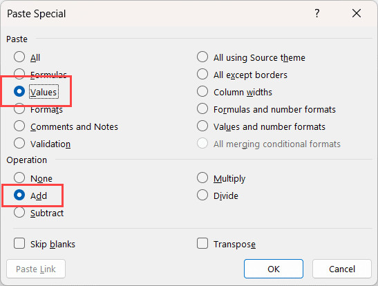 Chọn Values và Add trong hộp thoại Paste Special