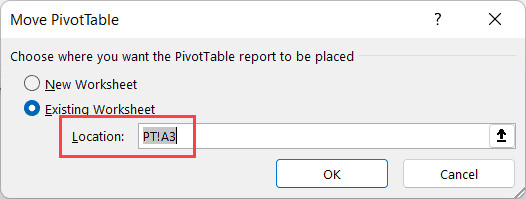 Chọn vị trí ô cụ thể trên sheet đích để đặt Pivot Table mới