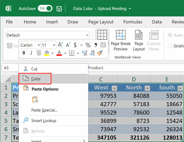 Chọn vùng dữ liệu trong Excel và thực hiện lệnh sao chép