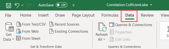 Chuyển sang thẻ Data trên thanh công cụ