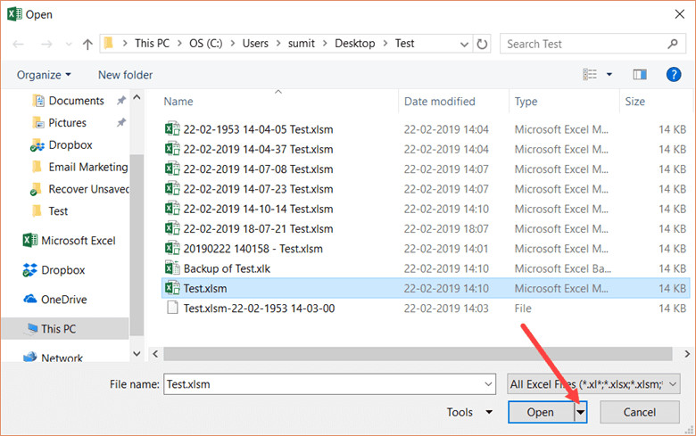 Click on the Open drop down arrow