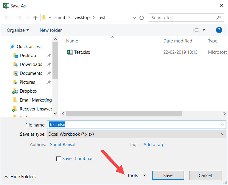 Click on Tools in Save As dialog box