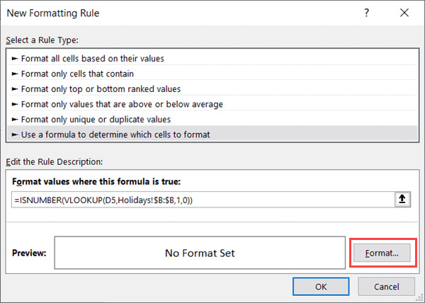 Click the Format button to specify the holiday dates formatting