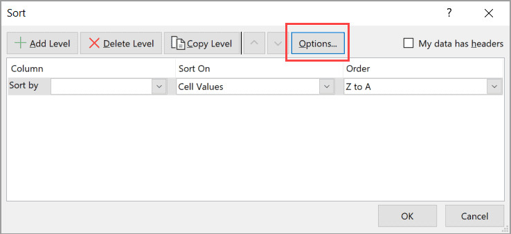 Click the Option button in Sort dialog box