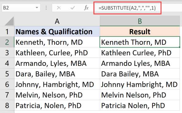 Công thức chỉ xóa dấu phẩy ở vị trí đầu tiên