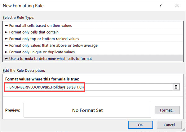 Công thức Conditional Formatting để làm nổi bật ngày lễ