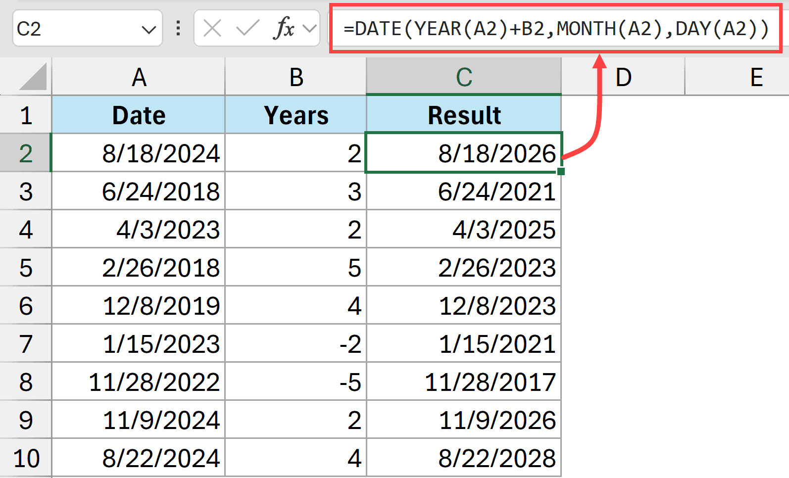 Công thức DATE để cộng năm vào ngày trong Excel hiển thị kết quả chính xác