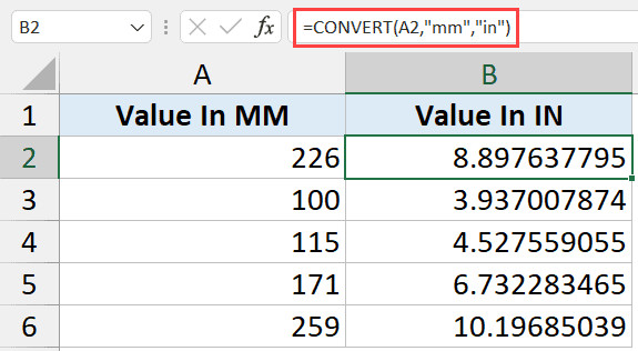 Công thức Excel thực hiện chuyển đổi ngược từ Milimet sang Inches