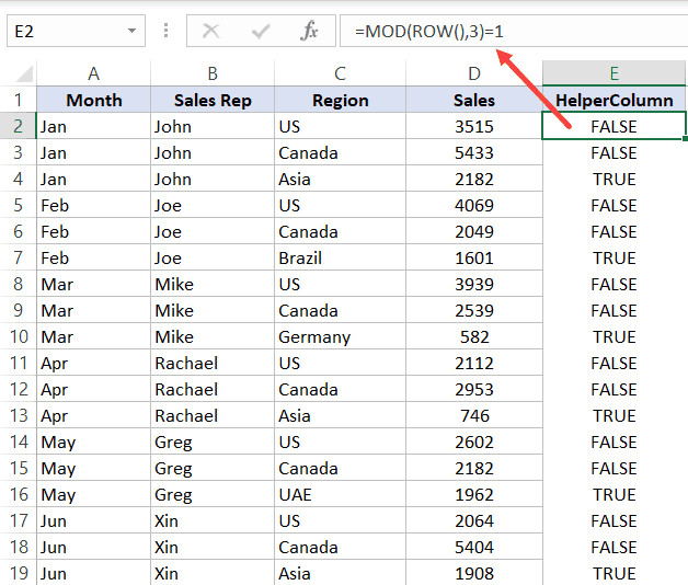 Công thức hàm MOD trong cột phụ