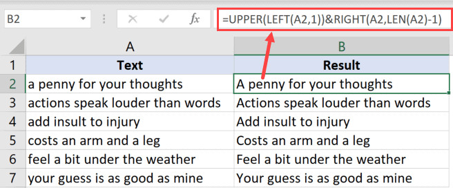 Công thức kết hợp hàm UPPER và LEFT để viết hoa chữ cái đầu trong Excel